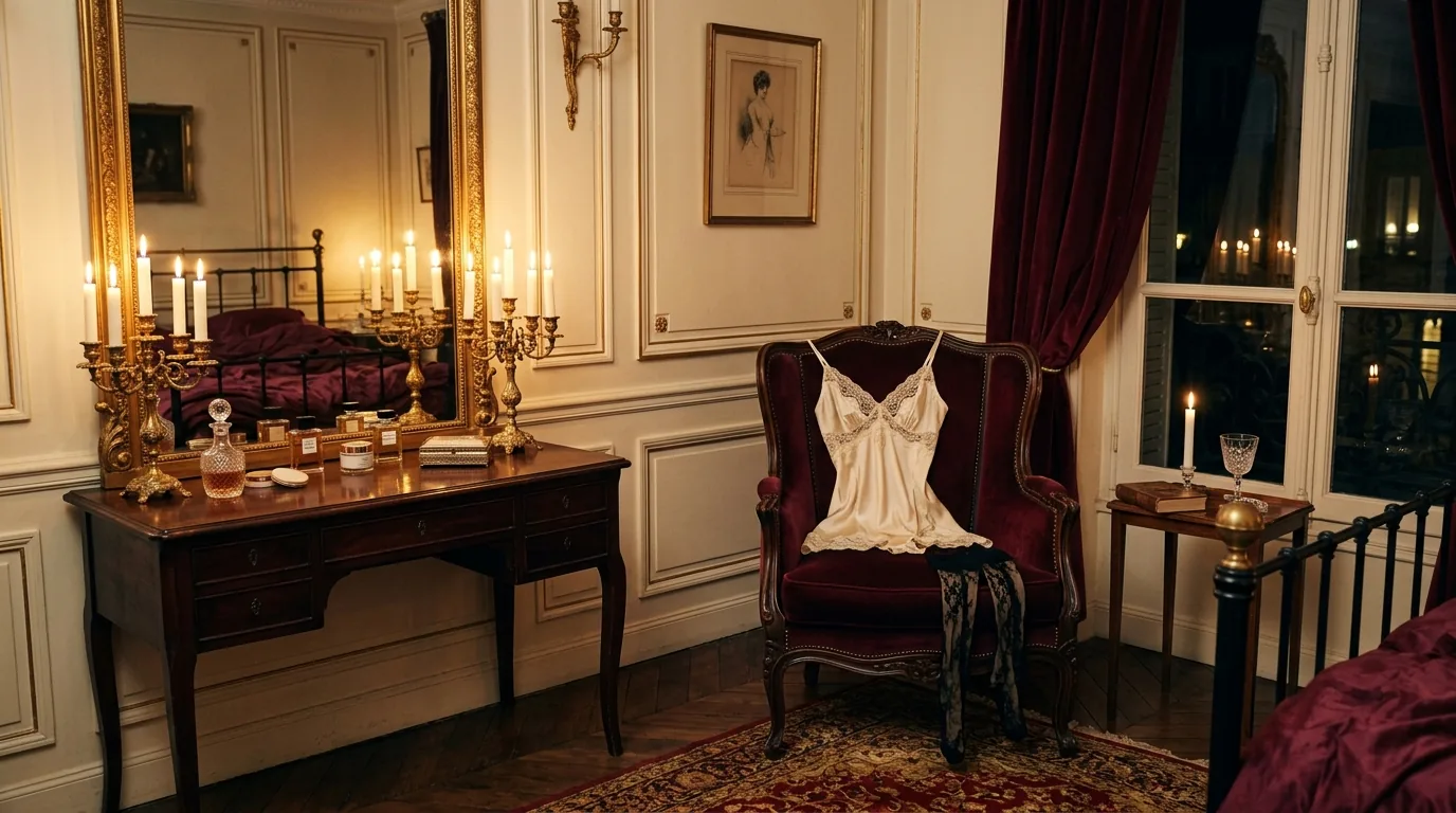 Boudoir intime de Mathilda, cougar au tel du 59 — fauteuil bordeaux velours, lingerie en dentelle, ambiance Boudoir Élégance