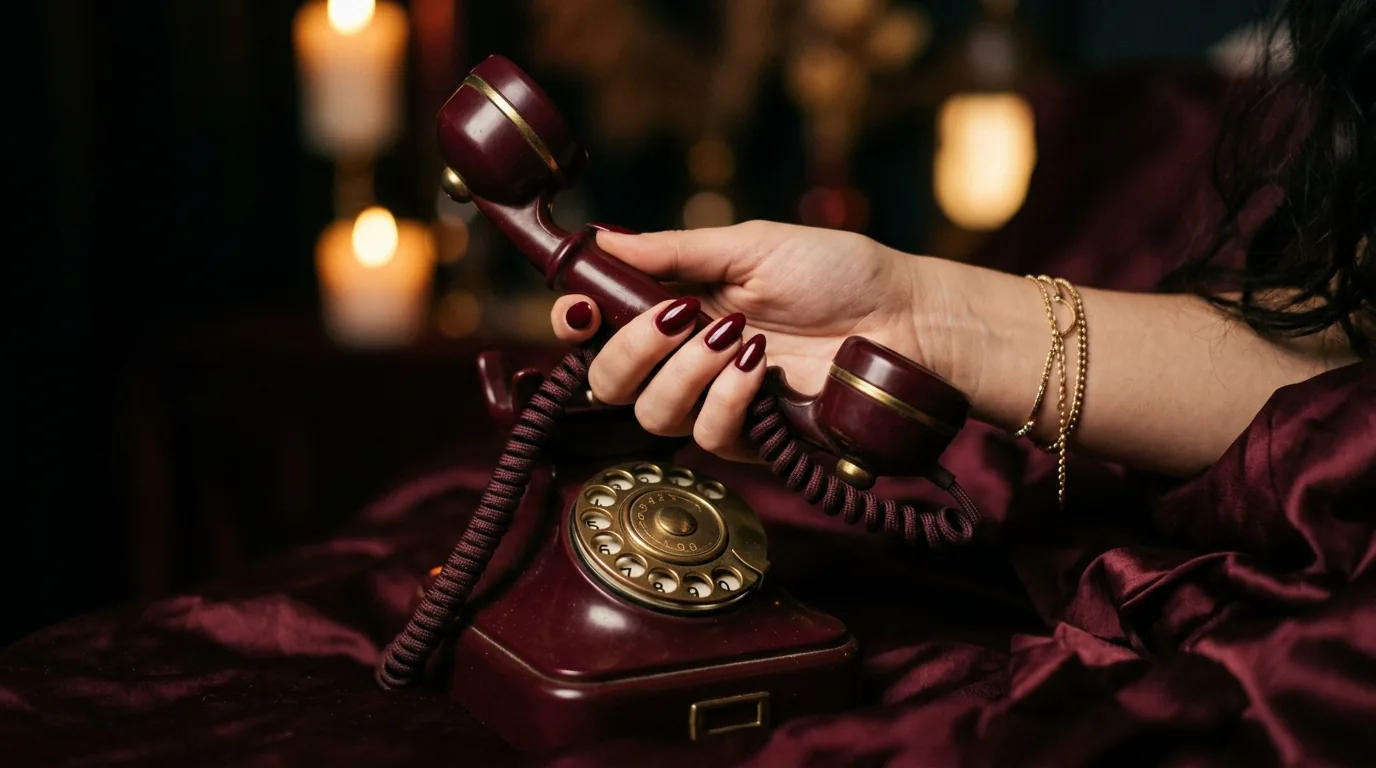 Cougar au tel — main aux ongles bordeaux de Mathilda tenant un téléphone vintage, ambiance boudoir intime